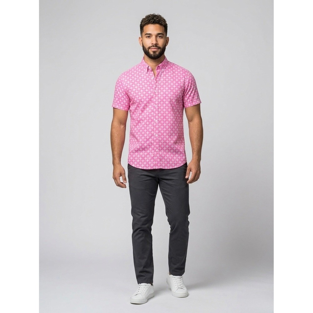 Andrew Christian Mens Pink Geometric Quatrefoil Short Sleeve Button Down Shirt M